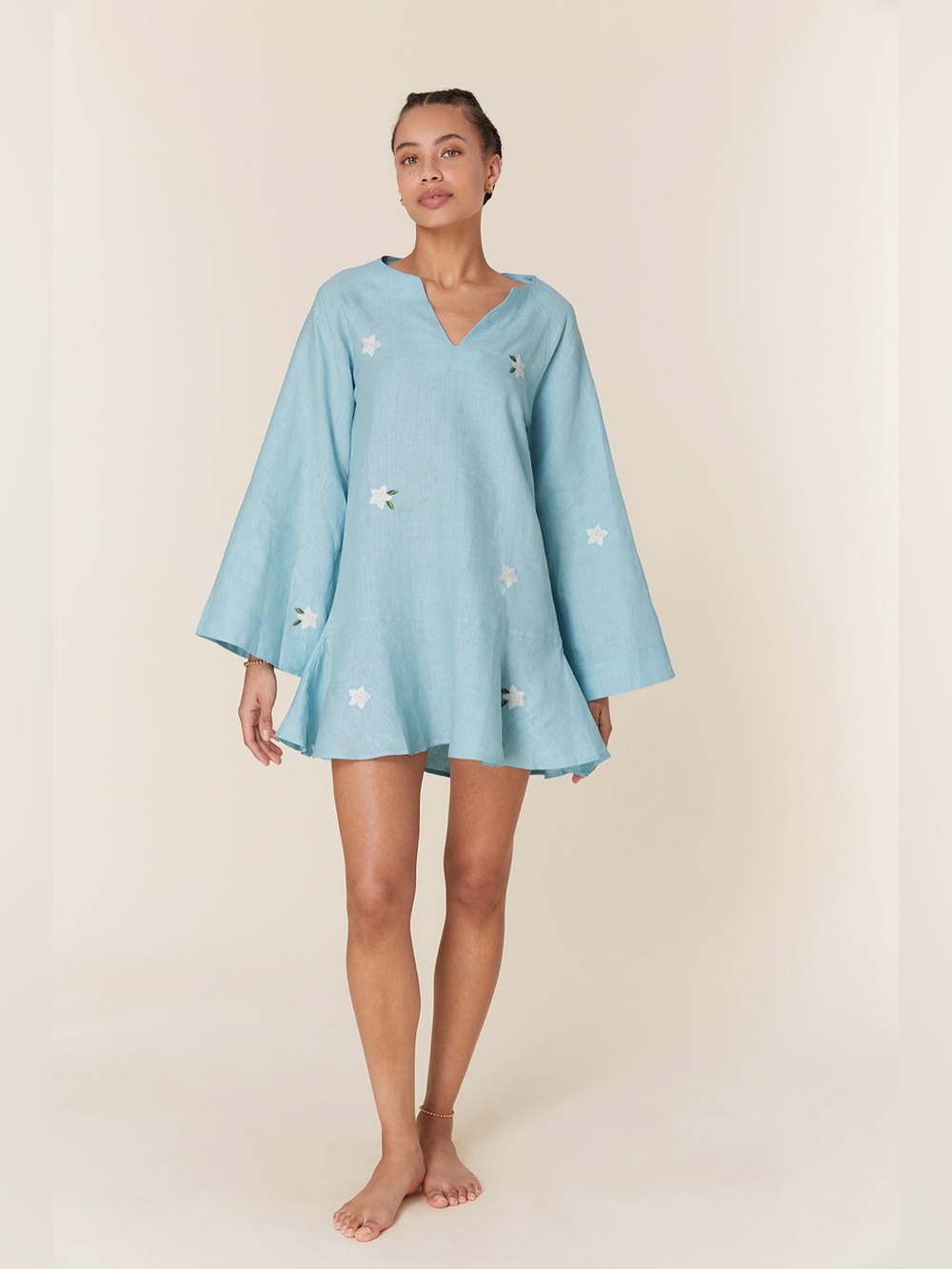 Fanm Mon Serik Lagoon Blue Embroidered Cotton Mini Dress XXS NWT